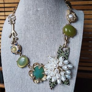 Brushed Gold Faux Pearls Cluster Ocean Theme Encrusted Stone Statement Necklace